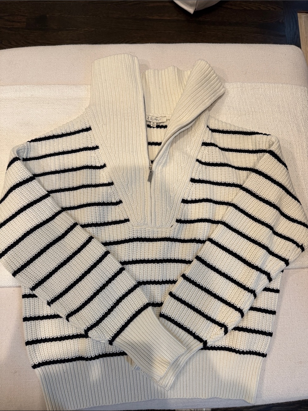 Z Supply White Cowl/Quarter-Zip Sweater with Black Stripes